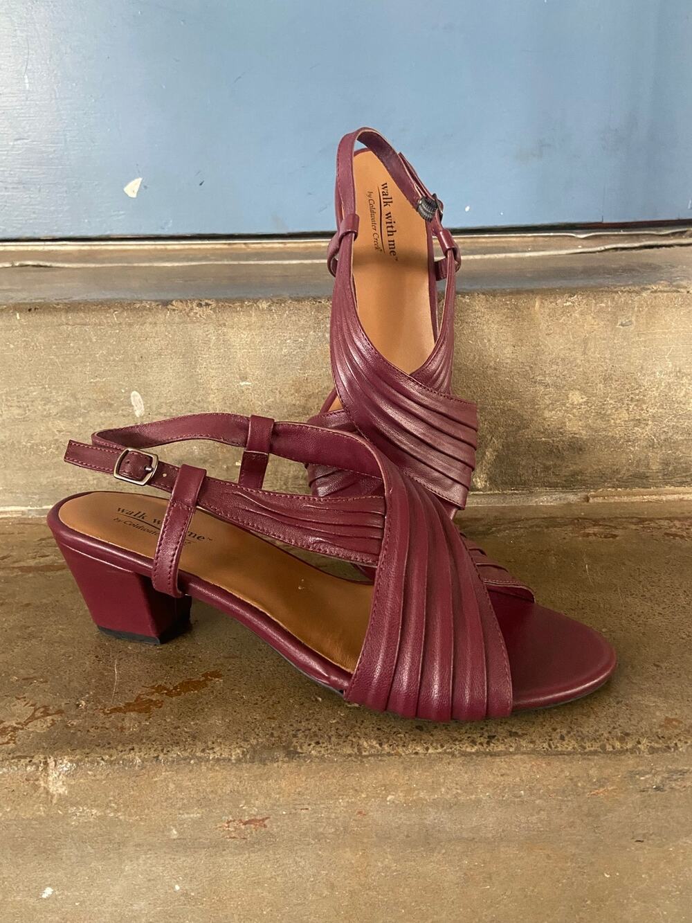 Walk With Me by Coldwater Creek burgundy leather criss cross strap heeled sandal